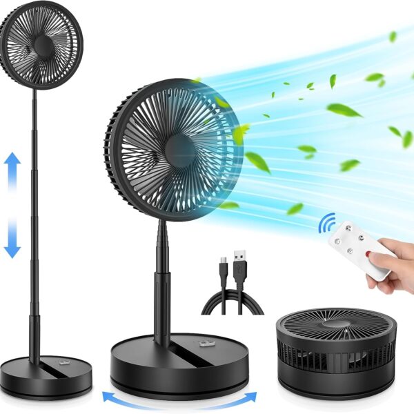 LIPETY Portable Foldable Rechargeable Oscillating Fan - 9 7200mah Battery Operated USB C Small Fan Remote. Quiet Table Desk Fan Folding Standing Pedestal Fans for Bedroom Rome Office Camping Travel
