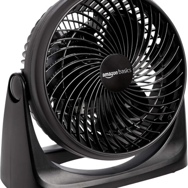Amazon Basics Air Circulator Fan. Desk Fan for Bedroom. Home and Office. With 90-Degree Tilt Head. 3 Speed Settings. Lightweight (3 LBS). 35 Watts. Black. 11.1W x 6.3D x 10.9H