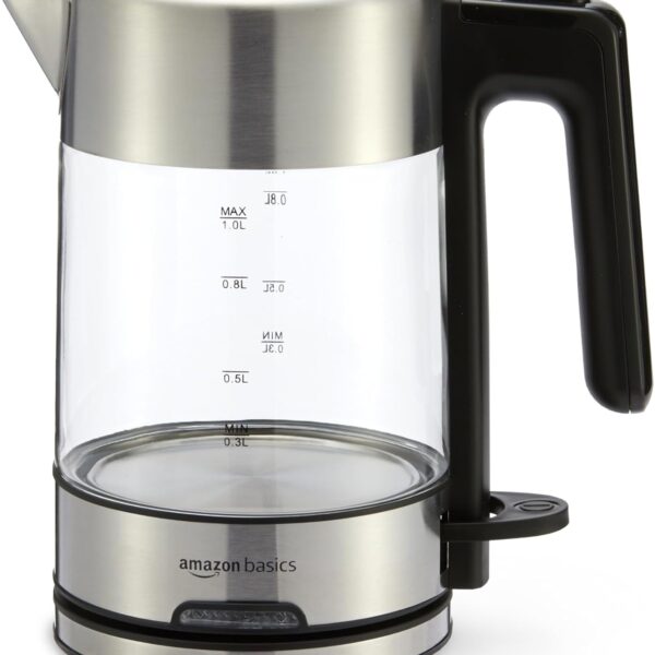 Amazon Basics Electric Kettle with Glass Carafe for Tea and Coffee. BPA-Free. Fast Boiling. Auto Shut-Off. 1.1 Quarts. 1500W. Glass and Steel