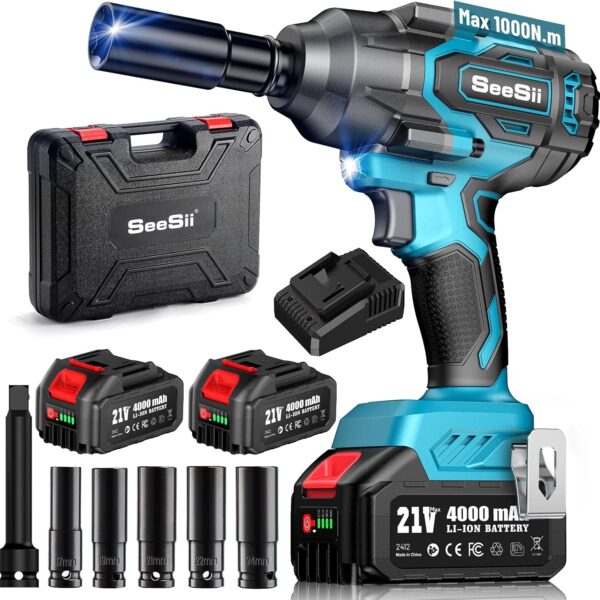 Seesii 1000N.m (738ft-lbs) Cordless Impact Wrench High Torque.1/2 Brushless Impact Gun w/Two 4.0Ah Battery.Fast Charger. 5 Sockets & Storage Case. Electric Impact Wrench for Car Truck.WH760