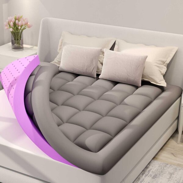 BDEUS Dual Layer 5 Inch Memory Foam Mattress Topper Queen Size. 2 Inch Gel Memory Foam Plus 3 Inch 1450 GSM Down Alternative Quilted Pillow Top Mattress Pad Cover.Dark Gray