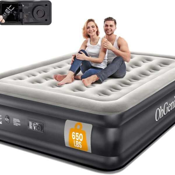 OhGeni Queen Air Mattress with Built in Pump. Inflatable Blow Up Mattress 18 Raised Comfort.Upgraded Surface Portable Mattress. Air Bed for Camping. Home and Guest. Colchone Inflable. 650 lbs Max