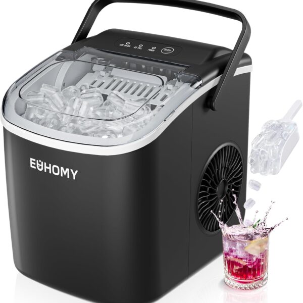 EUHOMY Countertop Ice Maker Machine with Handle. 26lbs in 24Hrs. 9 Ice Cubes Ready in 6 Mins. Auto-Cleaning Portable Ice Maker with Basket and Scoop. for Home/Kitchen/Camping/RV. (Black)
