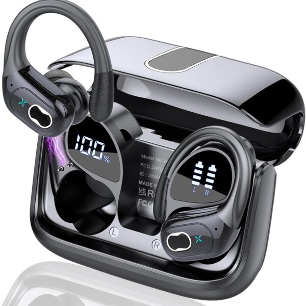 Wireless Earbuds 75hrs Bluetooth 5.4 Headphone Sport. 2025 Bluetooth Earbuds Stereo Deep Bass Over Ear Bud with Earhooks. ENC Noise Cancelling Mic. IPX7 Waterproof Earphone for Workout/Running