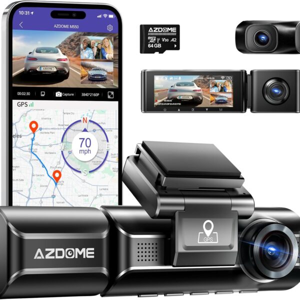 AZDOME M550 3 Channel Dash Cam. 4K+2.5K Dual Dash Camera for Cars Built-in WiFi GPS. 1440P+1080P+1440P Front and Rear Inside. 64GB Card Included. 3.19 IPS Screen. WDR. IR Night Vision. Parking Mode