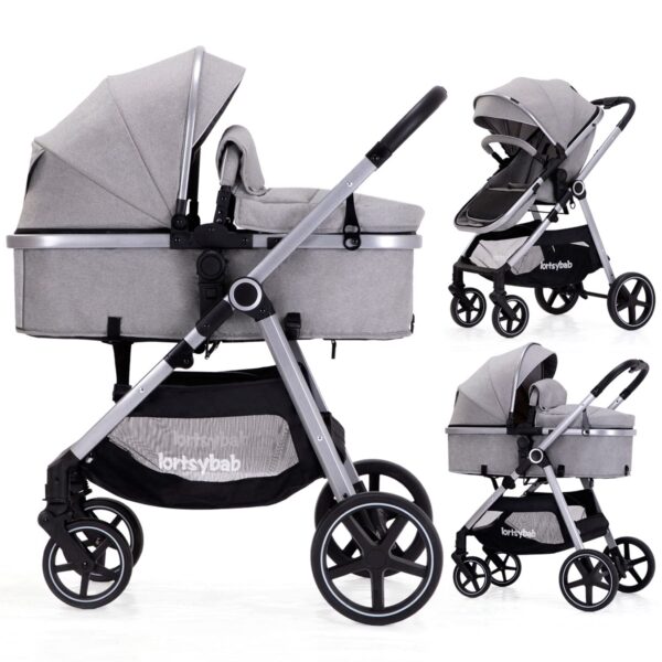 2-in-1 Baby Stroller with Bassinet Mode - Folding Infant Newborn Pram Stroller with Reversible Seat - Toddler Strollers for 0-36 Months Old Babies (Gery)
