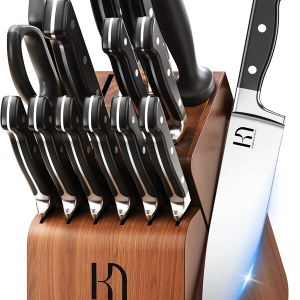 Knife Set. 15 Pcs Kitchen Knife Block Set. Enduring Razor-Sharp Japanese High Carbon Stainless Steel Chef Knife Set with Block and Sharpener. Premium Knives Set for Kitchen. Black Acacia