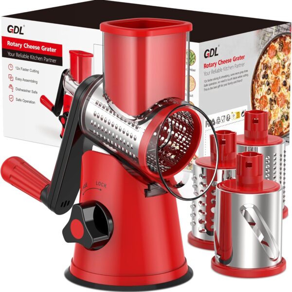 Cheese Grater Rotary. Rotary Grater for Kitchen. Kitchen Grater Vegetable Slicer with 3 Drum Blades. Fast Cutting Cheese Shredder for Vegetables and Nuts