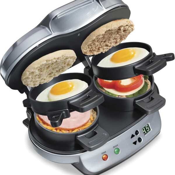 Hamilton Beach Dual Breakfast Sandwich Maker with Timer. Ready in 5 Minutes. Removable Dishwasher Safe PFAS-Free Non-Stick Egg Cooker Ring. Silver (25490MNA)