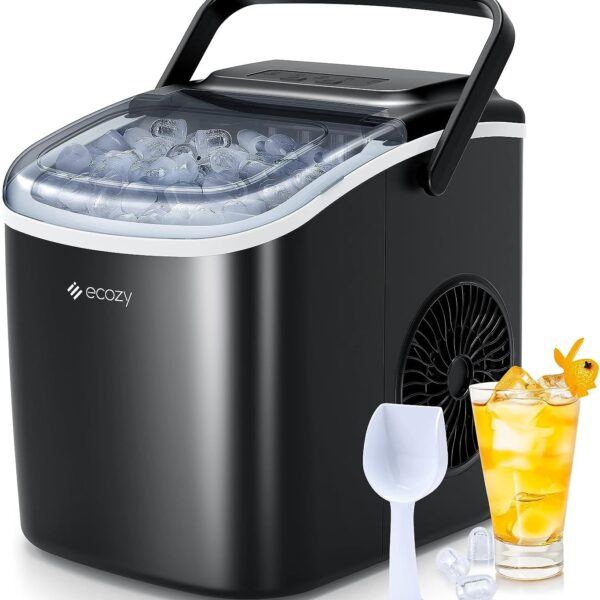 ecozy Portable Countertop Ice Maker - 9 Ice Cubes in 6 Minutes. 26 lbs Daily Output. Self-Cleaning with Ice Bags. Scoop. and Basket for Kitchen. Office. Bar. Party - Black
