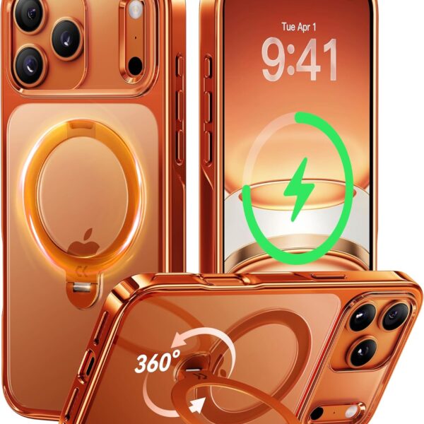 CASEKOO Cosmic Orange Glossy for iPhone 17 Pro Max Case [360 Spin Magnetic Stand][Fit for MagSafe][17FT Military Protection] Slim Polished for iPhone 17 Pro Max Case with Stand 6.9''. Cosmic Orange