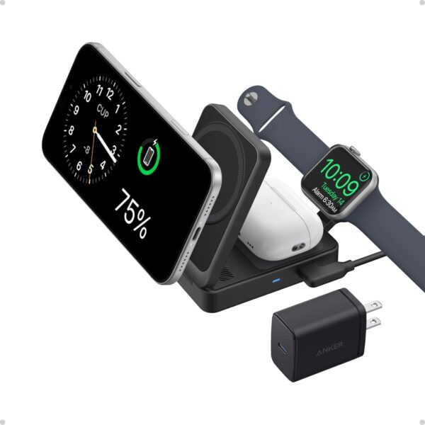 Anker MagGo 3 in 1 iPhone 17 Charging Station. MagSafe-Compatible Wireless Charger Stand. Qi2 Certified 15W Foldable Charger for iPhone 17/16/15/14/13/12. AirPods. Apple Watch Ultra(Adapter Included)