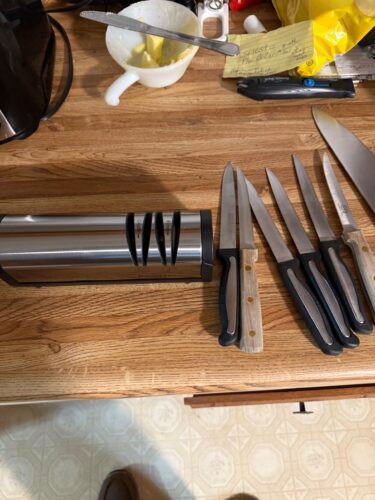 Narcissus Knife Sharpener. Professional 2 Stage Electric Knife Sharpener for Quick Sharpening & Polishing. with Scissors Sharpener and Metal Dust Collection Box. Stainless Steel. Silver photo review