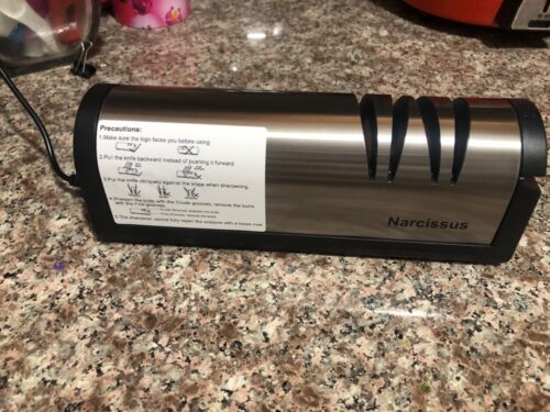 Narcissus Knife Sharpener. Professional 2 Stage Electric Knife Sharpener for Quick Sharpening & Polishing. with Scissors Sharpener and Metal Dust Collection Box. Stainless Steel. Silver photo review