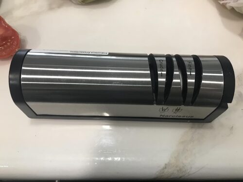 Narcissus Knife Sharpener. Professional 2 Stage Electric Knife Sharpener for Quick Sharpening & Polishing. with Scissors Sharpener and Metal Dust Collection Box. Stainless Steel. Silver photo review