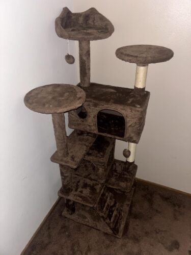 Yaheetech 54in Cat Tree. Multi-Level Cat Tower with Spacious Kitten-ear Perch. 2 Cozy Caves. Scratching Posts. Climbing Ladder. 2 Plush Balls. Durable Pet House Furniture for Indoor Kittens. Dark Gray photo review