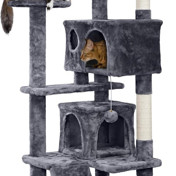 Yaheetech 54in Cat Tree. Multi-Level Cat Tower with Spacious Kitten-ear Perch. 2 Cozy Caves. Scratching Posts. Climbing Ladder. 2 Plush Balls. Durable Pet House Furniture for Indoor Kittens. Dark Gray